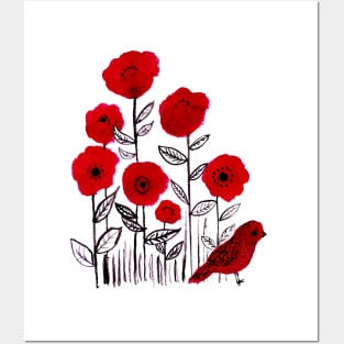 Poppies and little red bird watercolor painting Posters and Art